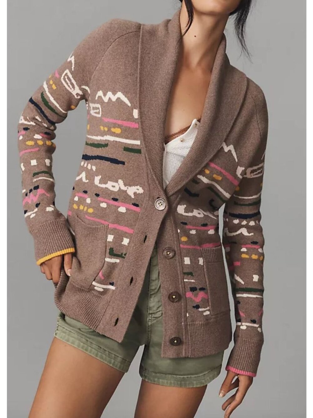 Kerri Rosenthal Shawl Fair Isle Cardigan Sweater Cotton Brown Pink Small